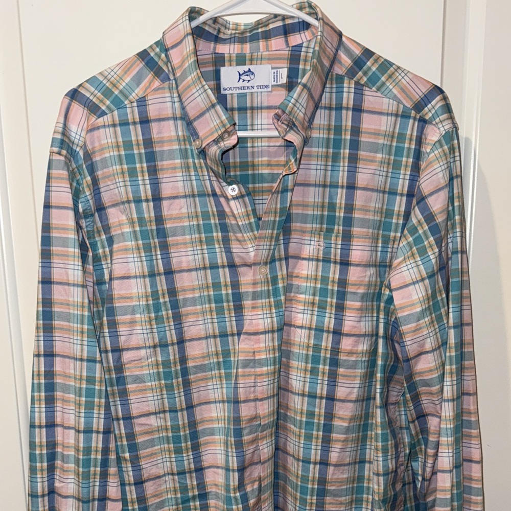 Southern Tide Men's Pink and Blue Plaid Shirt